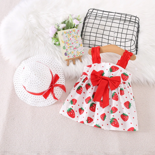 Baby Strawberry Print Frock With Hat