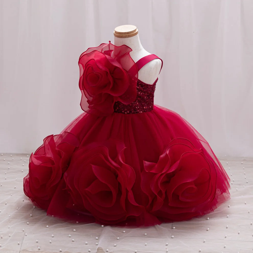 Baby Red Flower Decor Sequin Frock