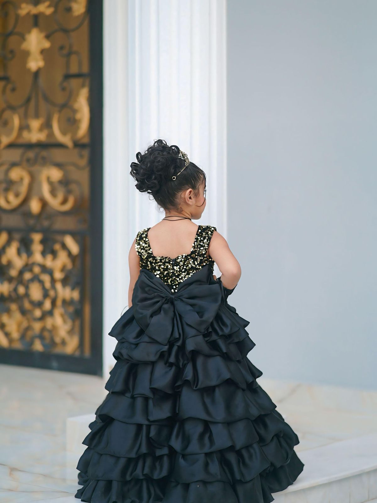Baby Gold & Black Sequin Frill Maxi