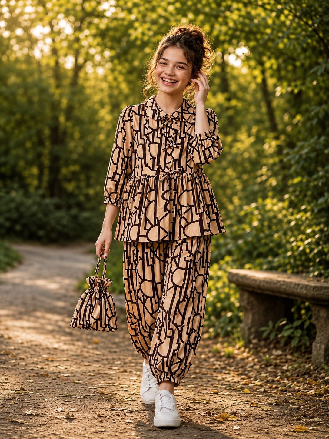 Baby Skin & Black Pattern Dress With Pouch