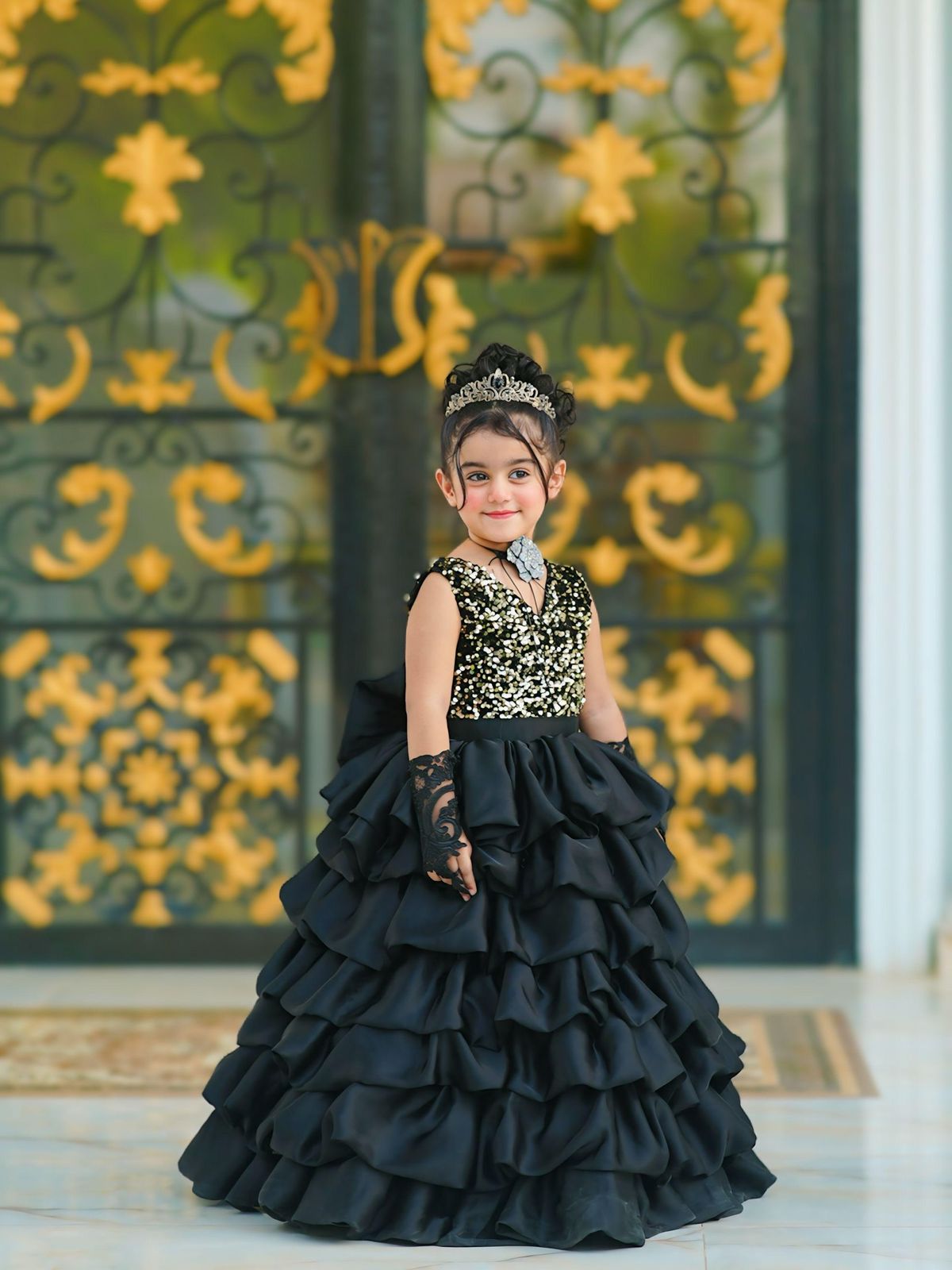 Baby Gold & Black Sequin Frill Maxi