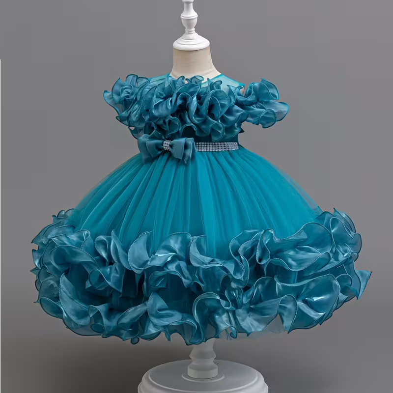 Baby Sea Blue Elegant Floral Beaded Frock