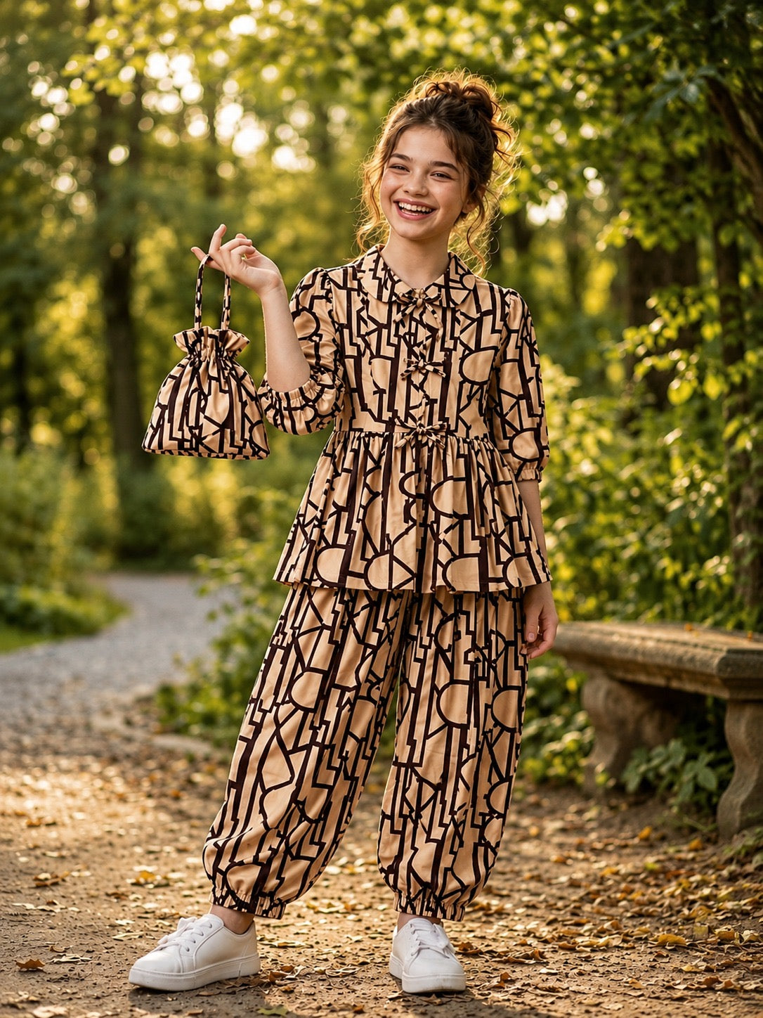 Baby Skin & Black Pattern Dress With Pouch