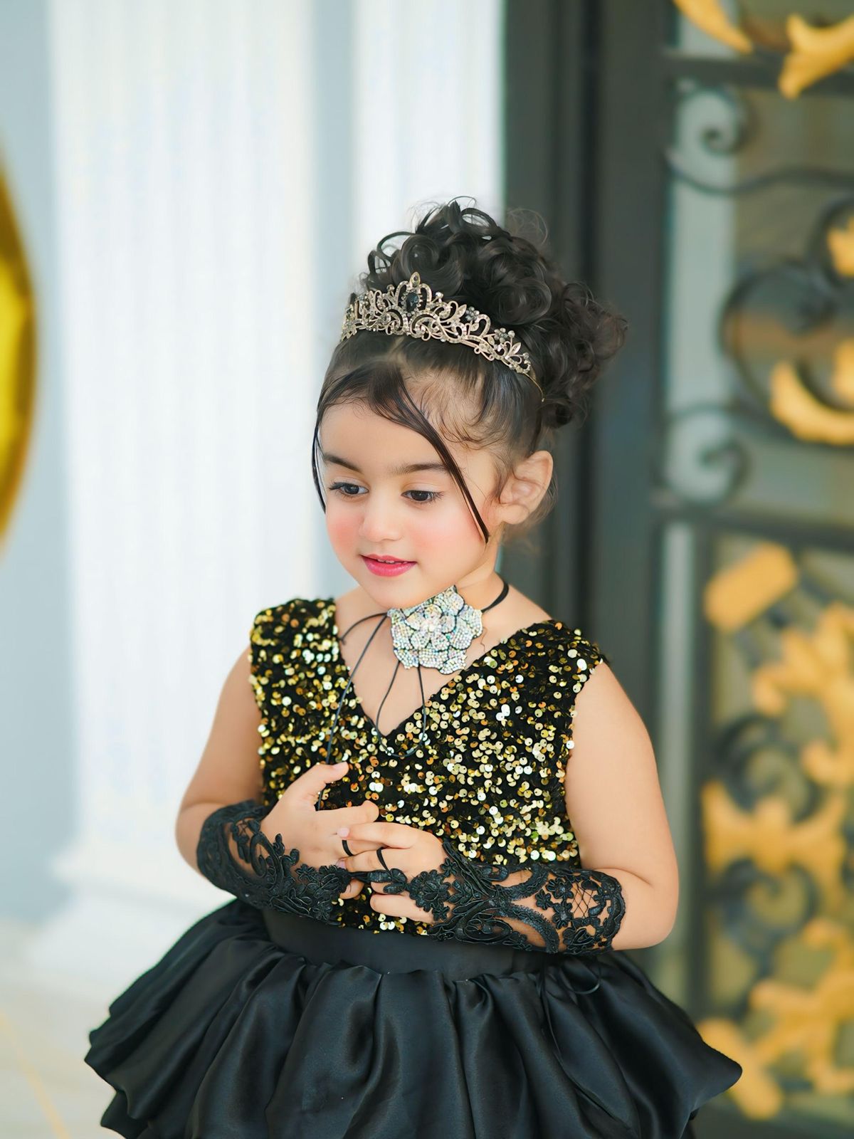 Baby Gold & Black Sequin Frill Maxi