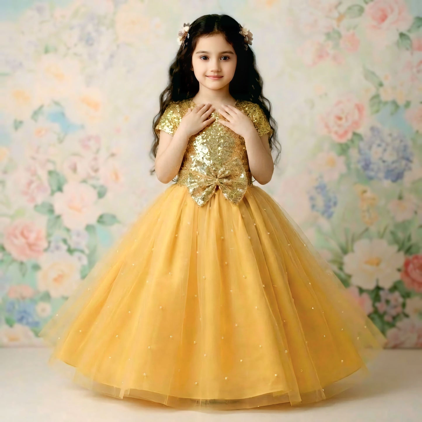 Mustard Baby Sequin & Moti Net Maxi