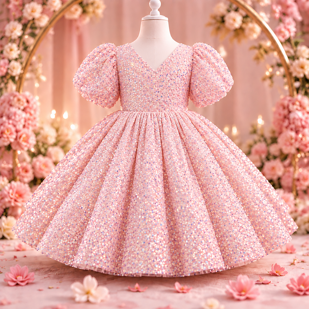 Baby Pink V Neck Sequin Frock