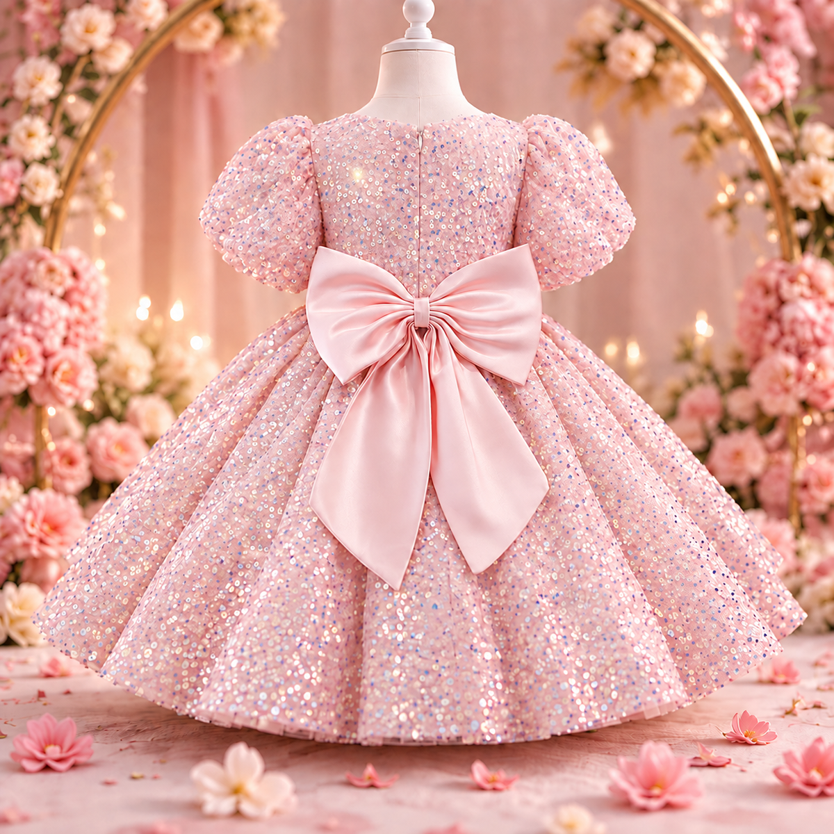 Baby Pink V Neck Sequin Frock