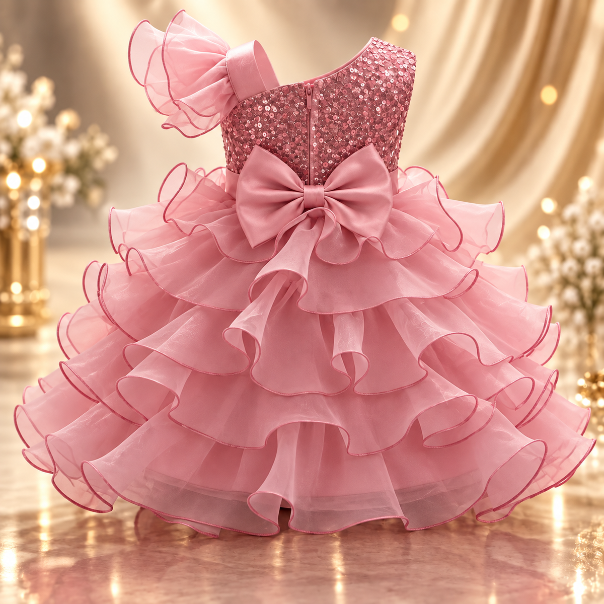 Baby Pink Multi Layered One Shoulder Sequin Frock