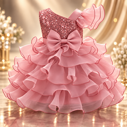 Baby Pink Multi Layered One Shoulder Sequin Frock