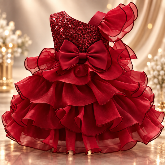 Baby Red Multi Layered One Shoulder Sequin Frock